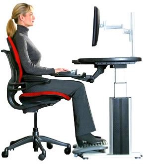 a lady sitting at an ergonomic workstation